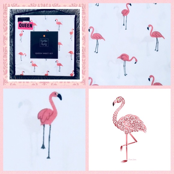 Cynthia Rowley White & Pink Flamingo Queen Sheets - Picture 2 of 8
